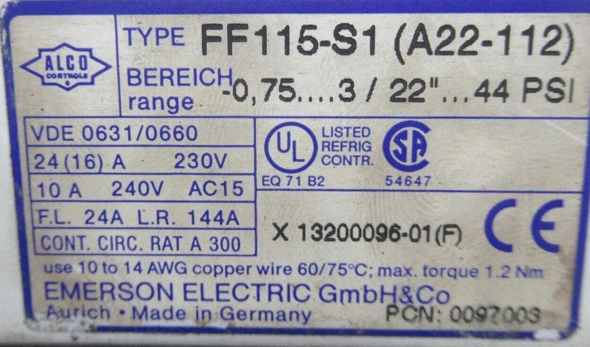Used ALCO LOW PRESSURE CONTROL FF115-S1 (A22-112) 10 AMP 240 VAC 44 PSI **WARRANTY**