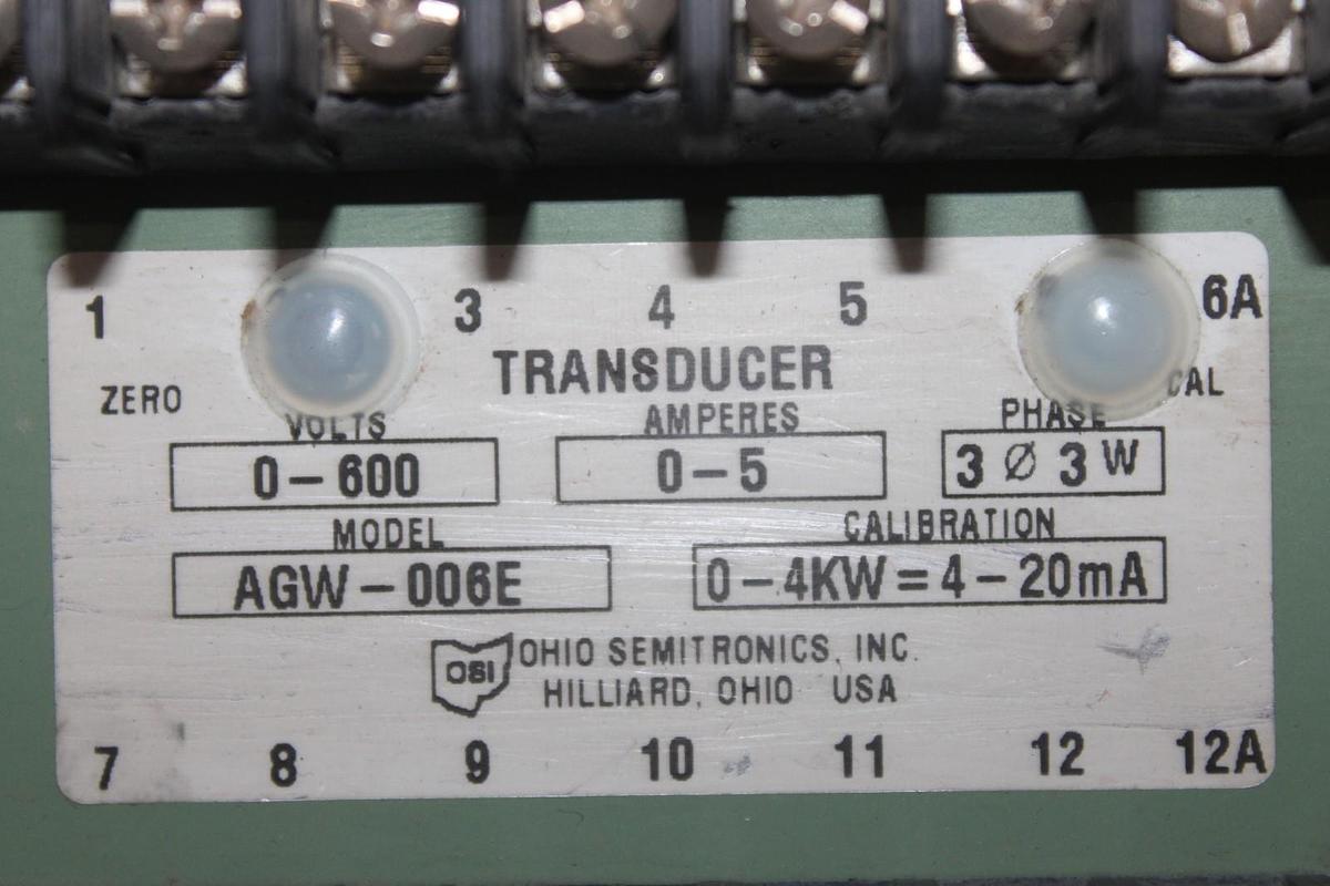 Used OHIO SEMITRONICS TRANSDUCER AGW-006E 600 VOLT 5 AMP 3-PHASE 3 WATT 4 KW