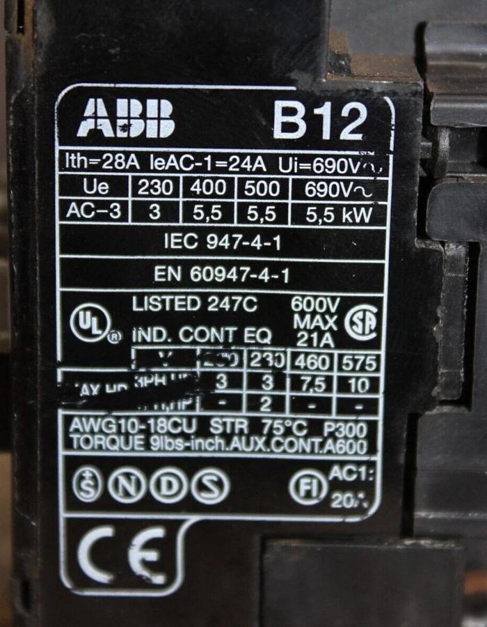 Used ABB CONTACTOR B12-30-10 21 AMP 600 VAC 3-POLE 10 HP *LOT OF 2*