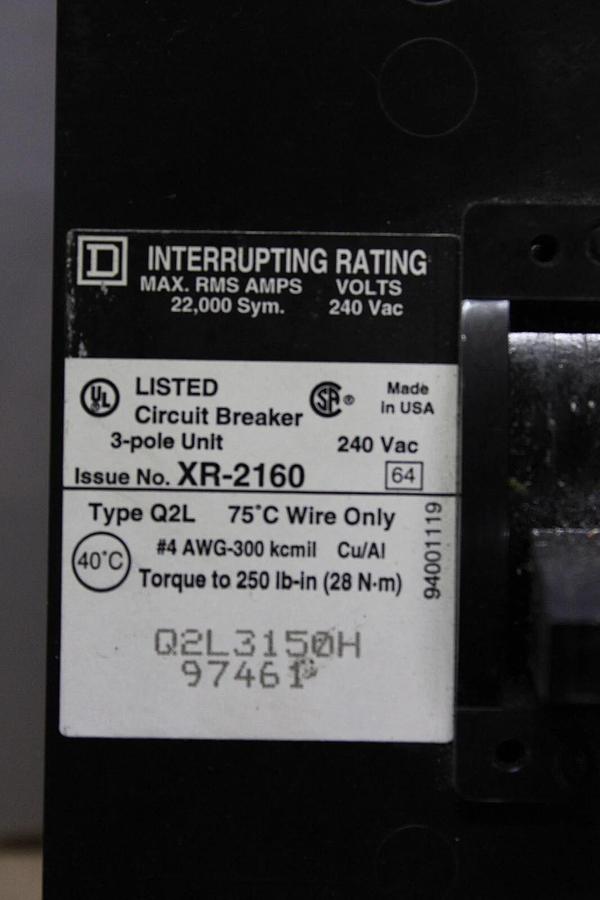 Used SQUARE D CIRCUIT BREAKER Q2L3150H 3-POLE 240 VAC 150 AMP **WARRANTY**