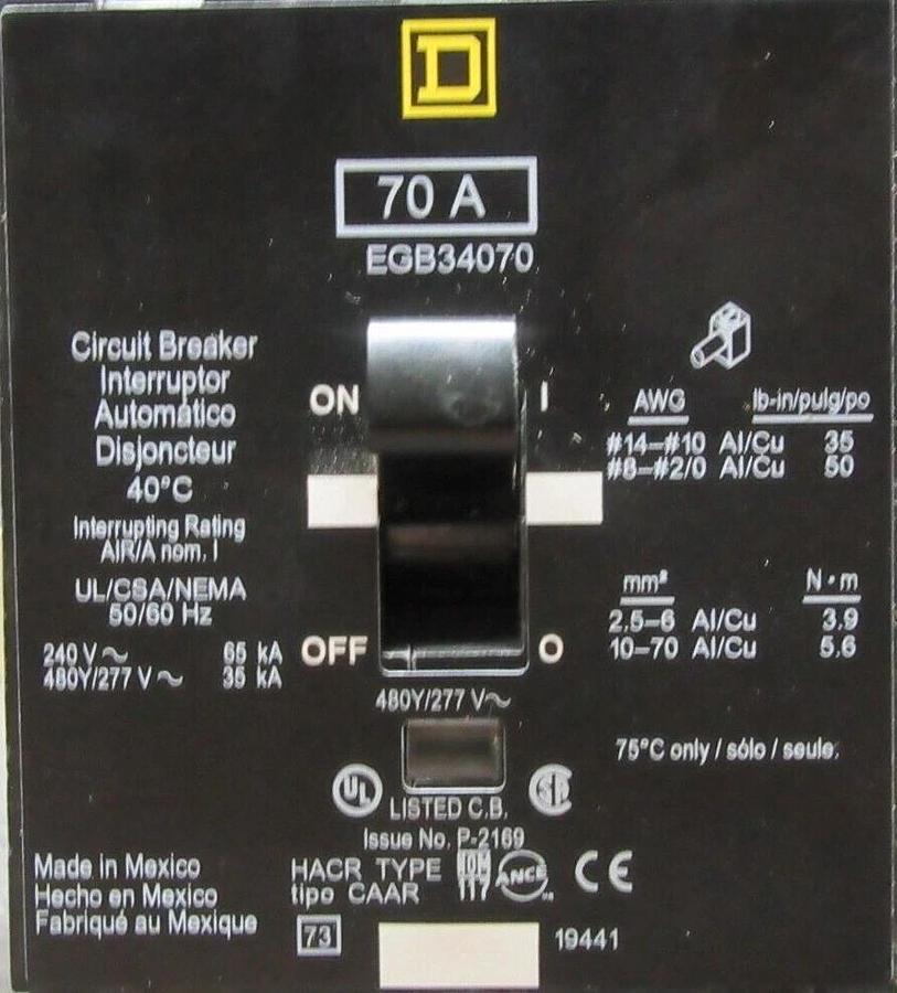 Used SQUARE D CIRCUIT BREAKER EGB34070 70 AMP 480/277 VAC 3-POLE **WARRANTY**