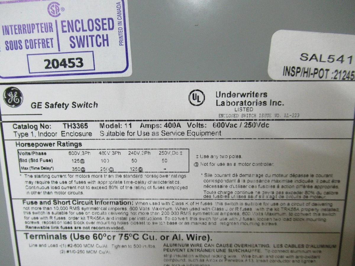 NIB GE 400 AMP HEAVY DUTY SAFETY SWITCH TH3365 TYPE 1 3-POLE 350 HP 600 V