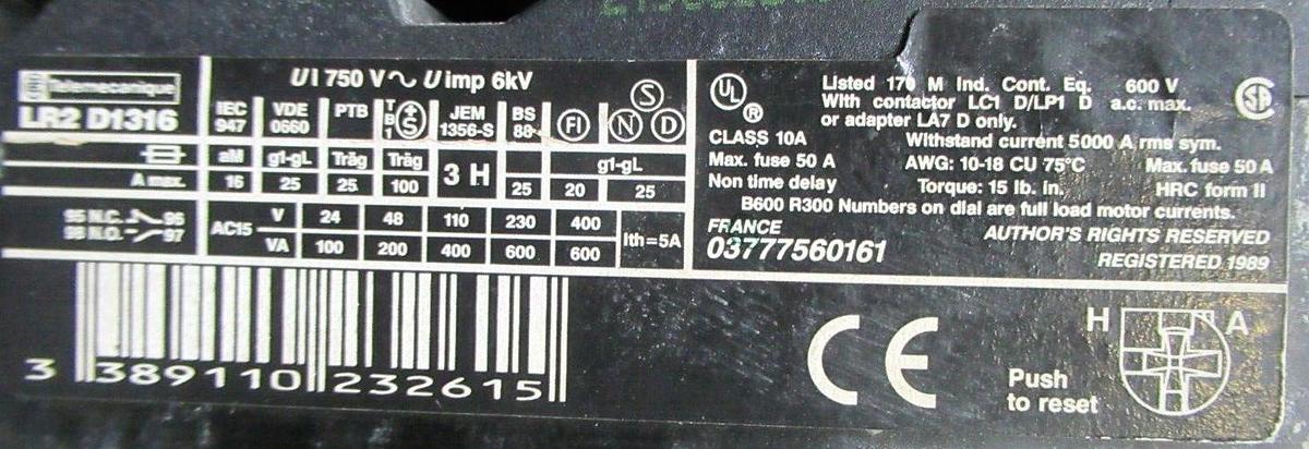 Used TELEMECANIQUE STARTER LC1D12106 W/ OVERLOAD RELAY LR2-D1316 25 AMP 600 VAC 10 HP