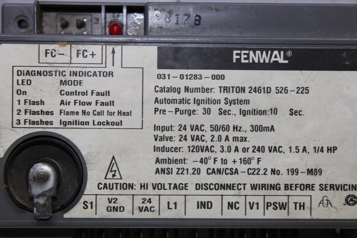 Used FENWAL IGNITION CONTROL MODULE TRITON-2461D-526-225 031-01283-000 24 VAC