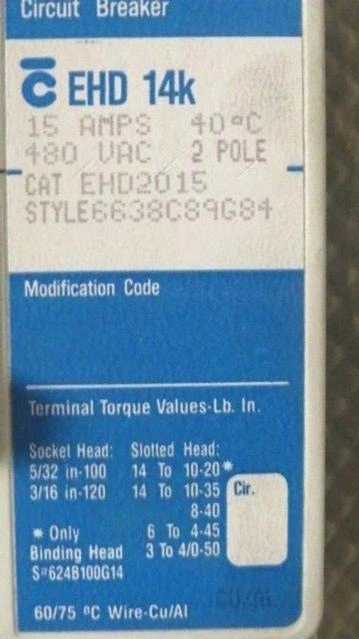 Used WESTINGHOUSE EHD 14K BREAKER 15 AMP 480 VAC 2 POLE MODEL EHD2015 **WARRANTY!**