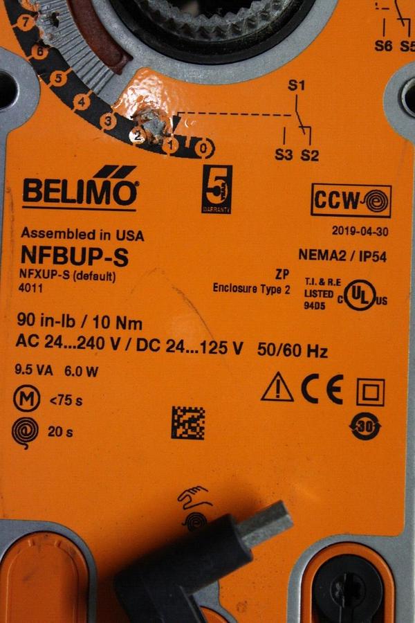 Used BELIMO ACTUATOR NFBUP-S 24-240 VAC 90 IN-LBS NEMA 2 NFXUP-S 9.5 VA 6 WATT NEMA 2