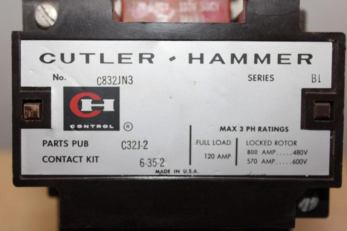 Used CUTLER-HAMMER CONTACTOR 120A 600V C832JN3 SERIES B1 **WARRANTY INCLUDED**