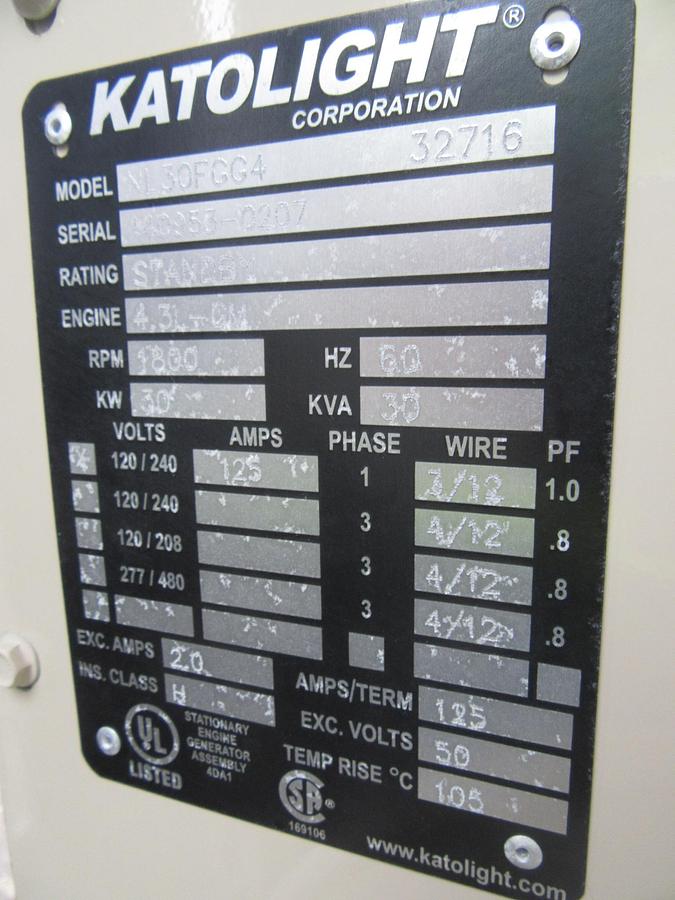 Used 30 KW NATURAL GAS PROPANE GENERATOR KATOLIGHT 120/240V RE-CONNECTABLE 114 HRS VIDEO WE SHIP