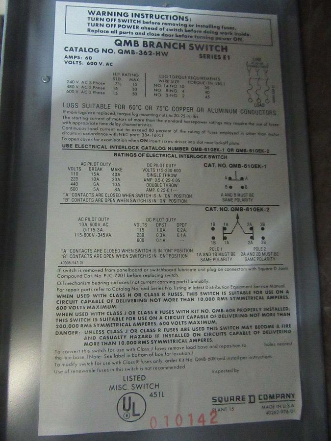 Used SQUARE D PANEL BOARD DISCONNECT QMB-362-HW 3-POLE 60 AMP 600 VAC 50 HP