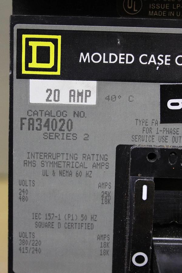 Used SQUARE D I-LINE CIRCUIT BREAKER FA34020 20 AMP 480 VAC 3-POLE **WARRANTY**