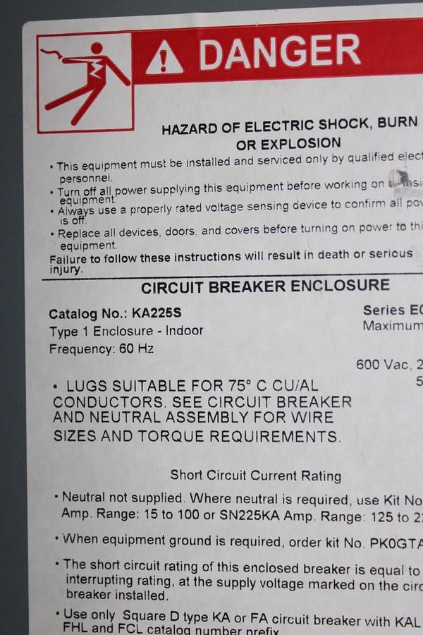 Used SQUARE D TYPE 1 CIRCUIT BREAKER ENCLOSURE KA225S FOR KAL FAL BREAKERS 225A 600V