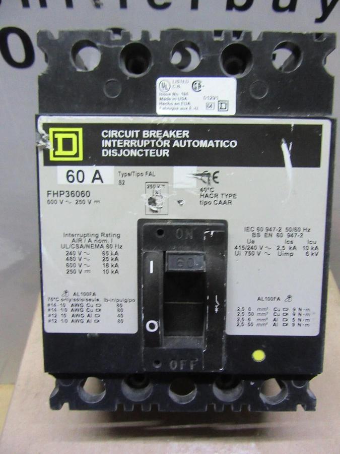 Used SQUARE D CIRCUIT BREAKER FHP36060 60 AMP 600 VAC 3-POLE **WARRANTY INCLUDED**