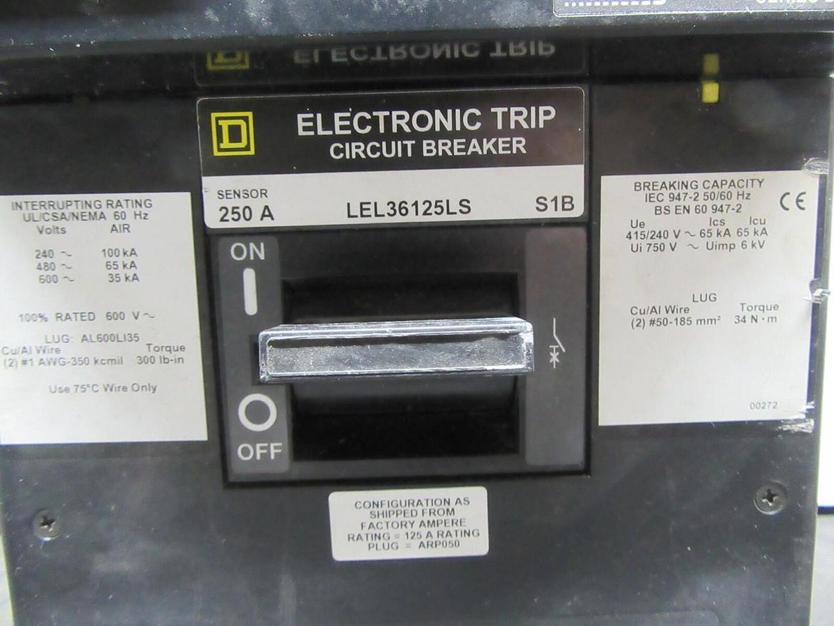 Used SQUARE D CIRCUIT BREAKER LEL36125LS W/ ARP050 250A SENSOR 600 VAC MICROLOGIC LSI