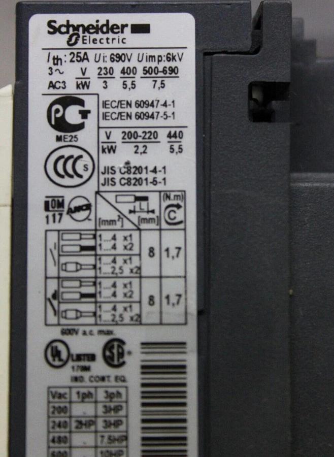 Used SCHNEIDER CONTACTOR LC1D12 25 AMP 600 VAC 3-POLE 3-PHASE 7.5 KW COIL: 24V
