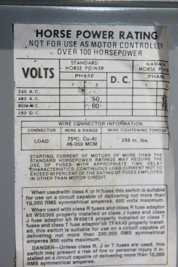 Used ITE FUSIBLE PANELBOARD DISCONNECT V7F3604 200 AMP 600 VOLT 3-POLE 3-PHASE 60 HP