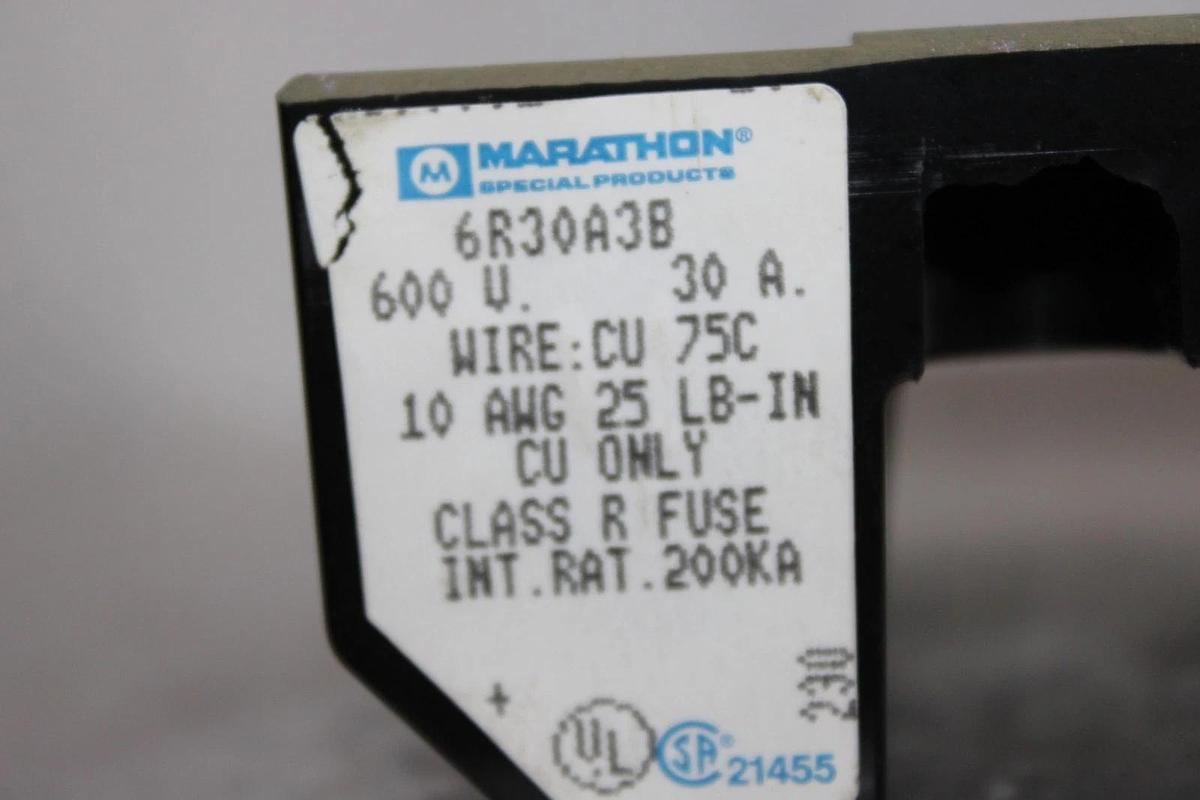 Used MARATHON 3-POLE FUSE LUG 6R30A3B 600 VAC 30 AMP FOR CLASS R FUSES COPPER ONLY