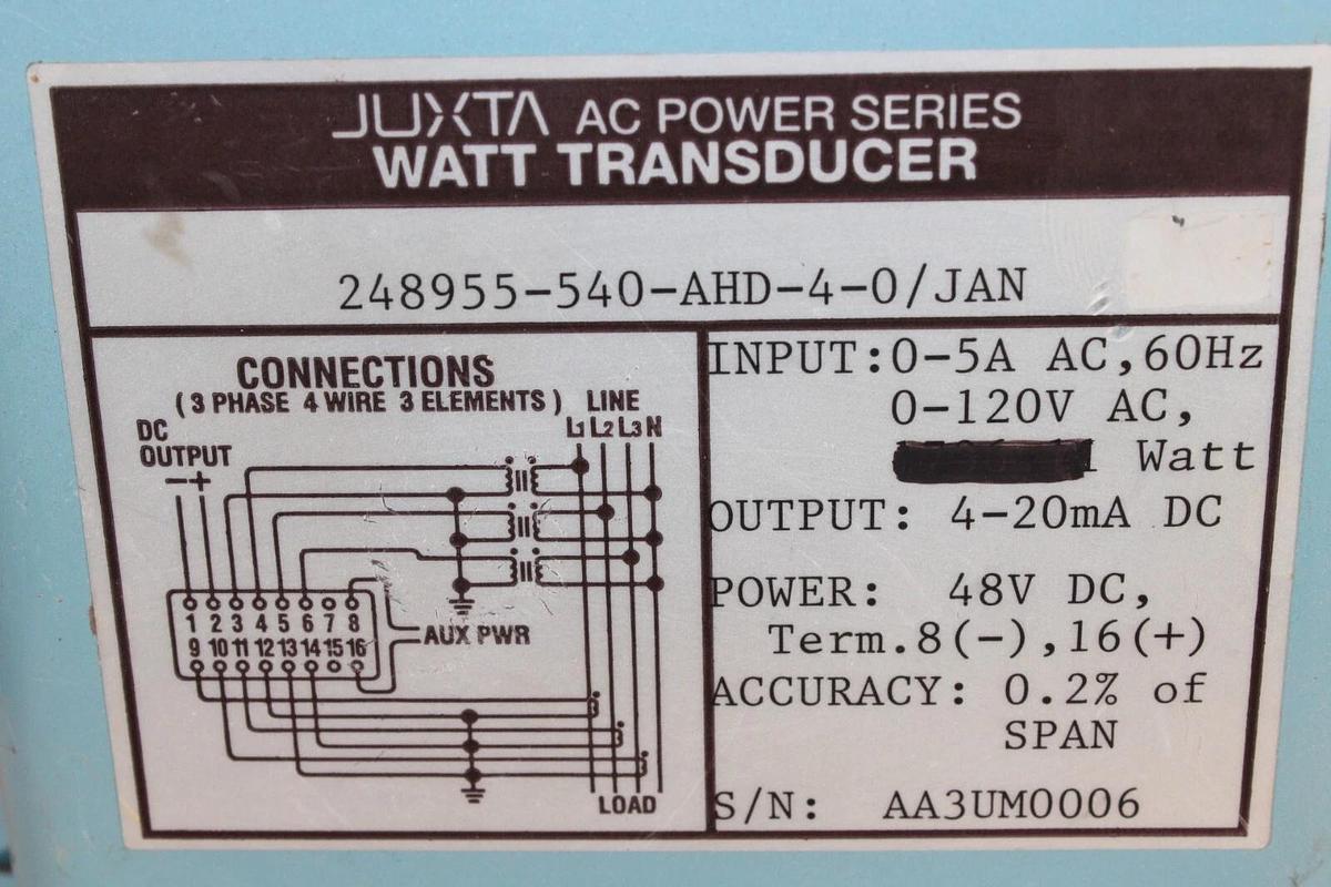 Used JUXTA AC POWER WATT TRANSDUCER 248955-540-AHD-4-0/JAN 120 VAC 20 mA