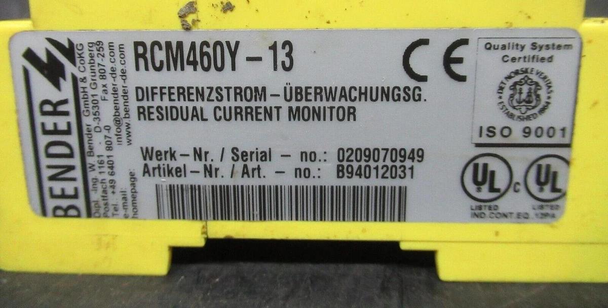 Used BENDER ELECTRIC RESIDUAL CURRENT MONITOR RCM460Y-13 **WARRANTY INCLUDED**