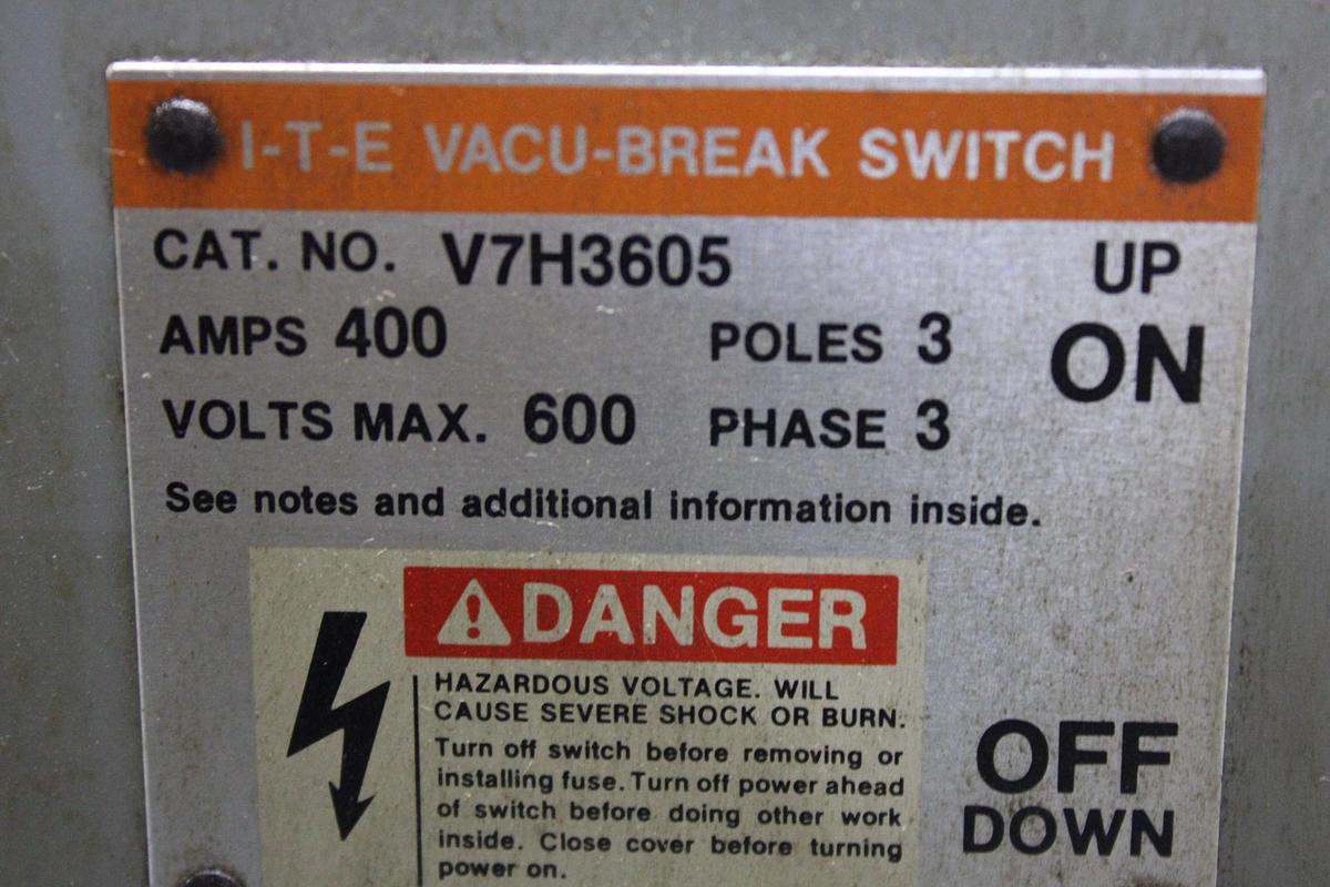 Used ITE VACU-BREAK PANELBOARD SWITCH V7F3604 200 AMP 600 VOLT 3-PHASE 3-POLE