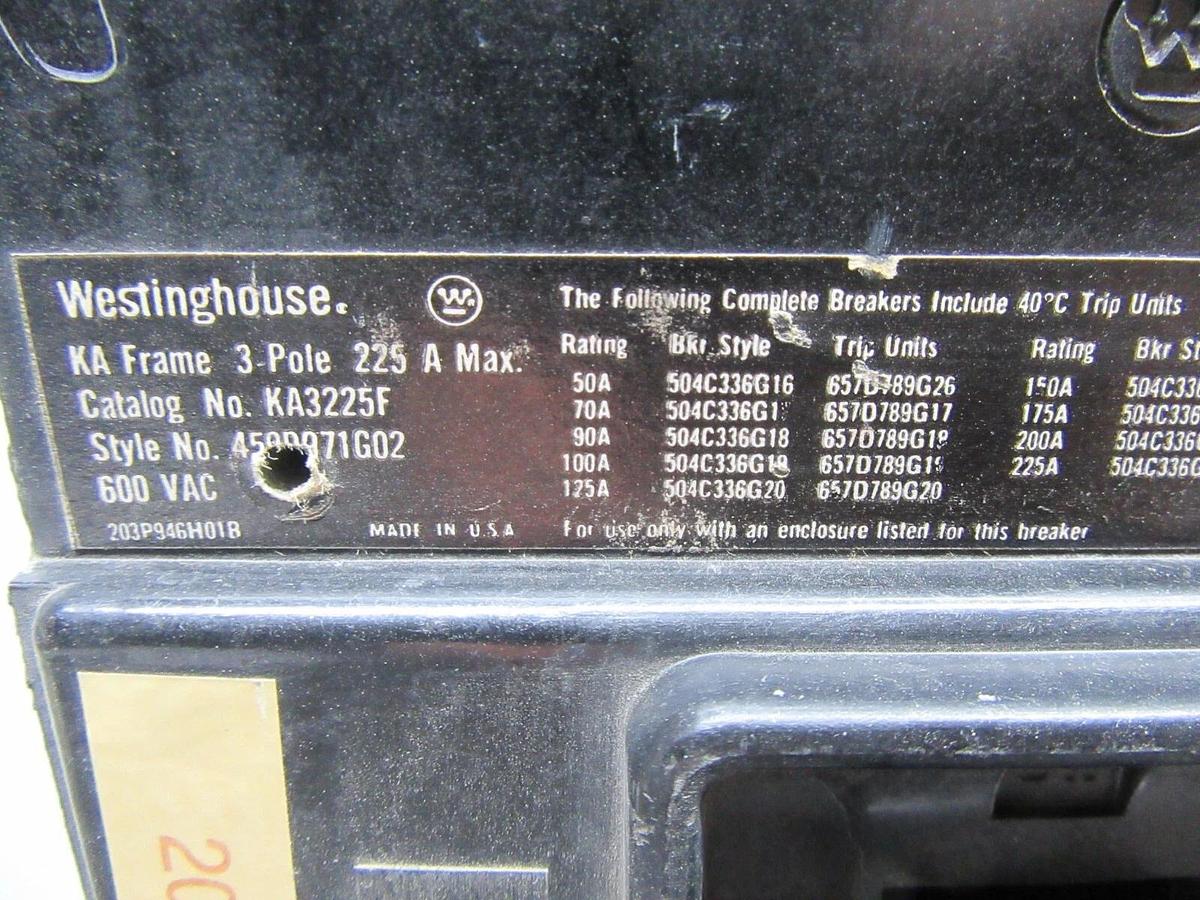 Used WESTINGHOUSE 3-POLE CIRCUIT BREAKER KA3225F 225 AMP FRAME 200 AMP TRIP 600 VAC