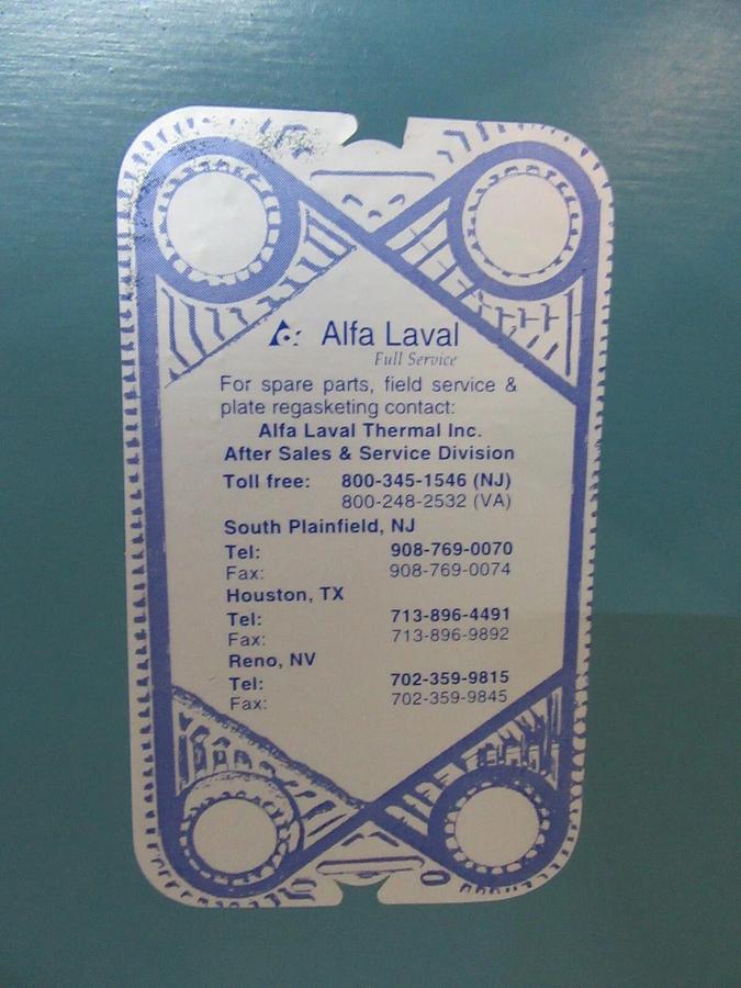 Used 687 SQ FT ALFA LAVAL PLATE AND FRAME HEAT EXCHANGER M15-BFG 105 PLATES MFG 1996