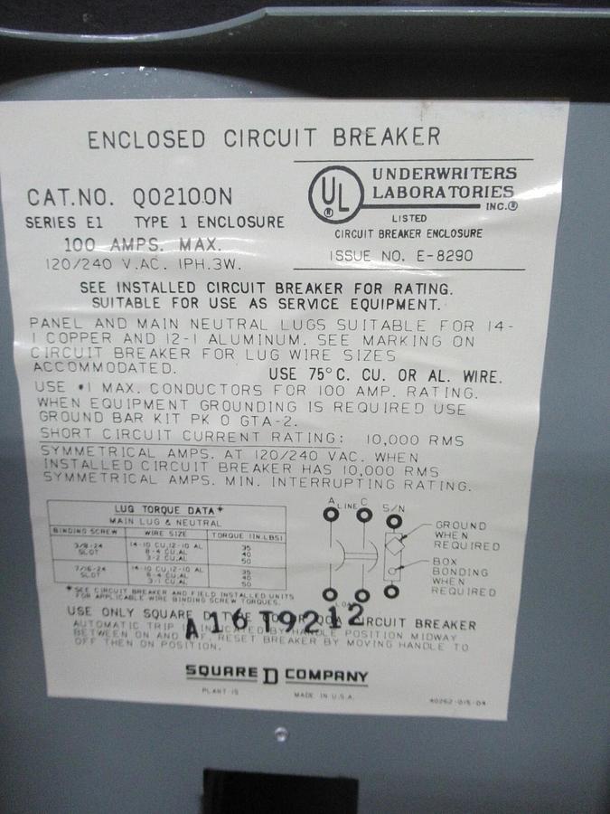 Used SQUARE D ENCLOSED CIRCUIT BREAKER QO2100N W/ QO2125 125 AMP 2-POLE 240 VAC
