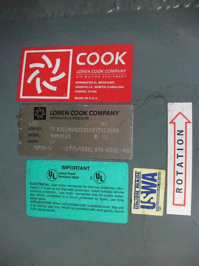 NEW 48" LOREN COOK TUBULAR AXIAL FAN CAST ALUM BLADES 5HP 230 / 460 V 1750 RPM