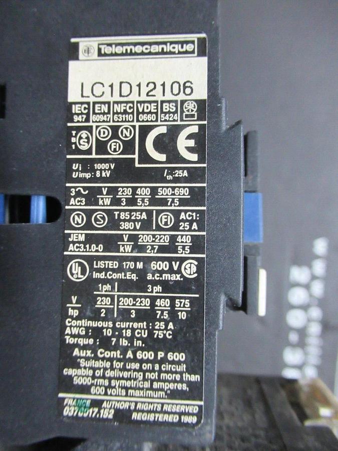 Used TELEMECANIQUE STARTER LC1D12106 W/ OVERLOAD RELAY LR2-D1316 25 AMP 600 VAC 10 HP