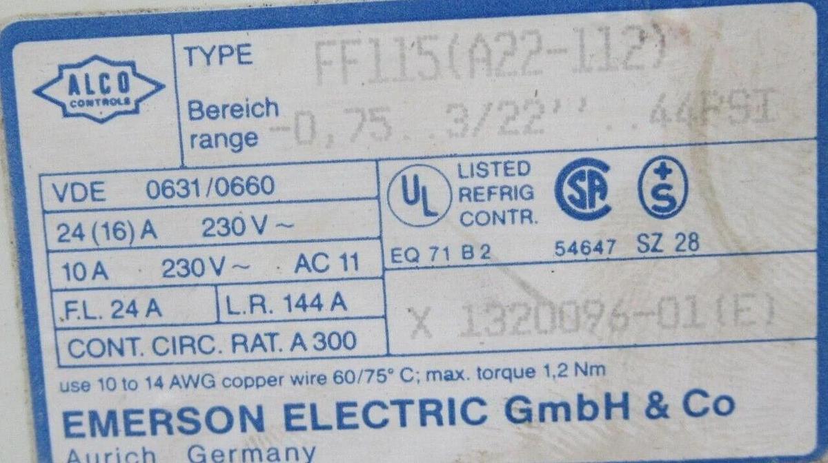Used ALCO LOW PRESSURE CONTROL FF115 (A22-112) 10 AMP 240 VAC 44 PSI **WARRANTY**