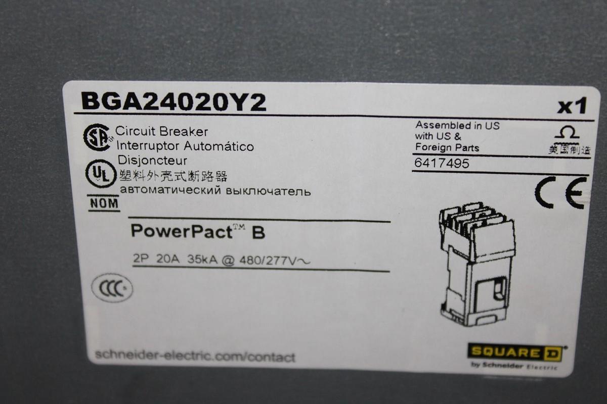 NIB SQUARE D POWERPACT I-LINE CIRCUIT BREAKER BGA24020Y2 20 AMP 480/277V 2-POLE