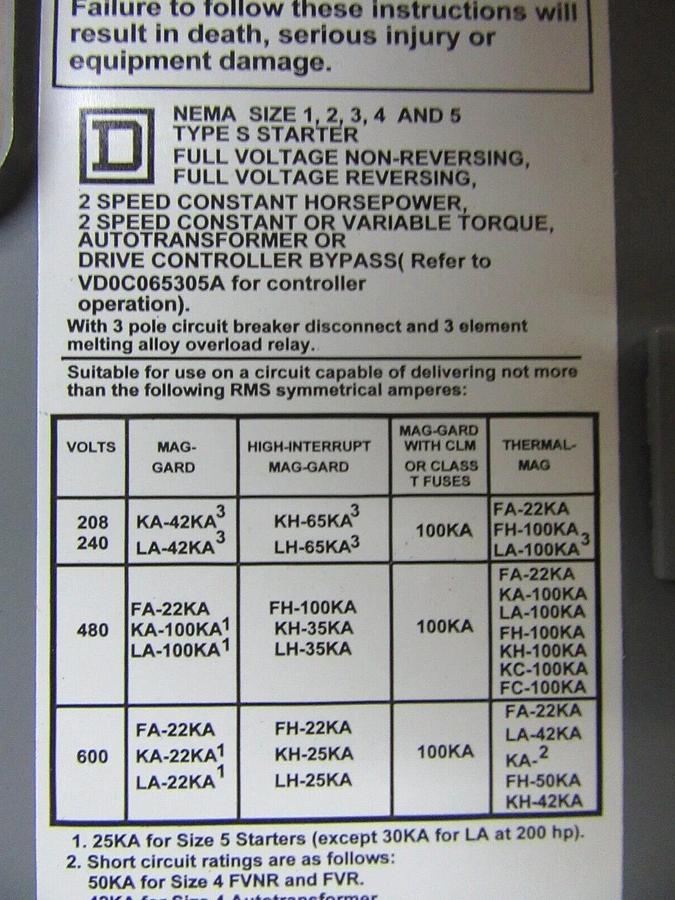 Used SQUARE D MODEL 6 MCC BUCKET NEMA SIZE 1 15 AMP 12" FA100-3MC6 W/ 8536SCO3S