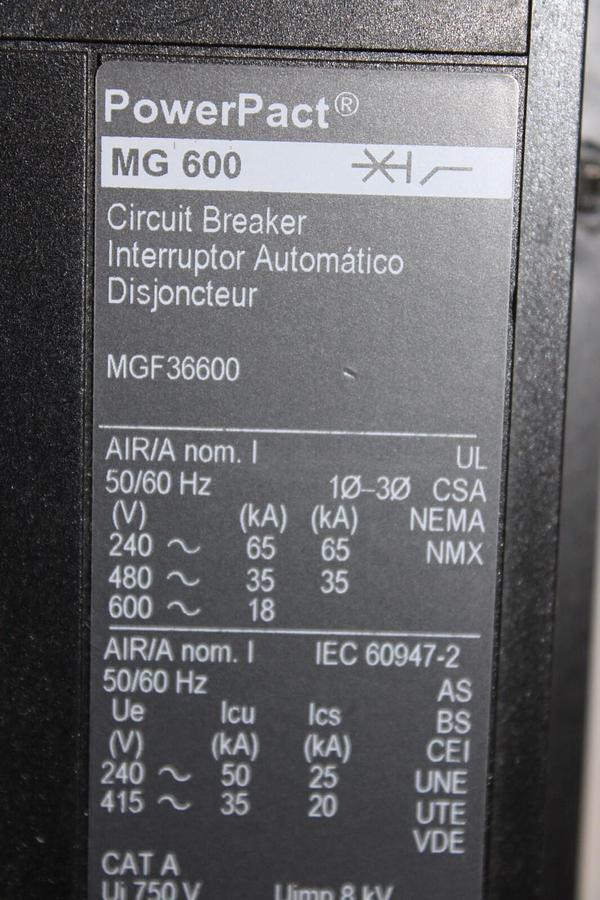 Used SQUARE D POWERPACT BREAKER MGF36600 600 AMP 3-POLE 600 VAC **WARRANTY**