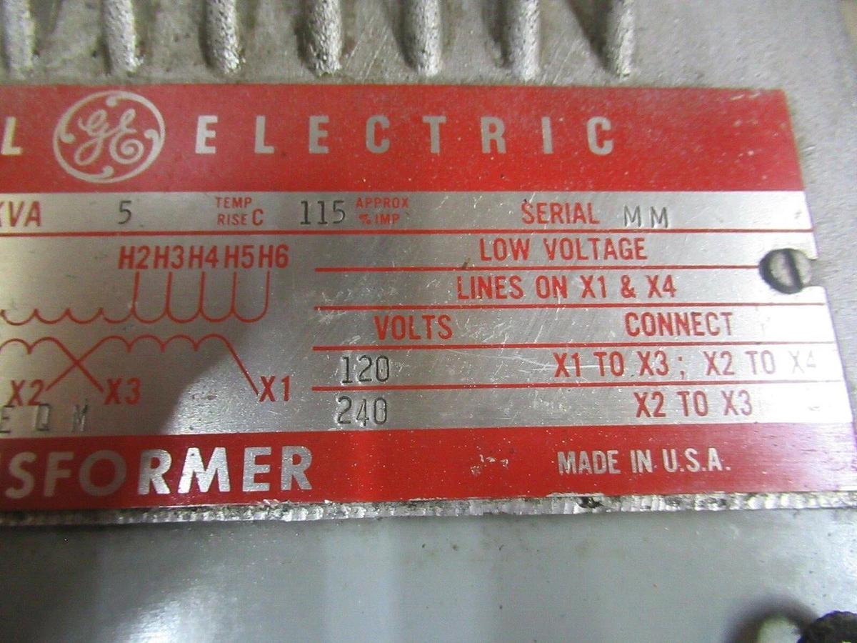 Used 5 KVA GE DRY-TYPE TRANSFORMER 9T21B1013-G2 HIGH: 480 VAC LOW: 120/240 VAC