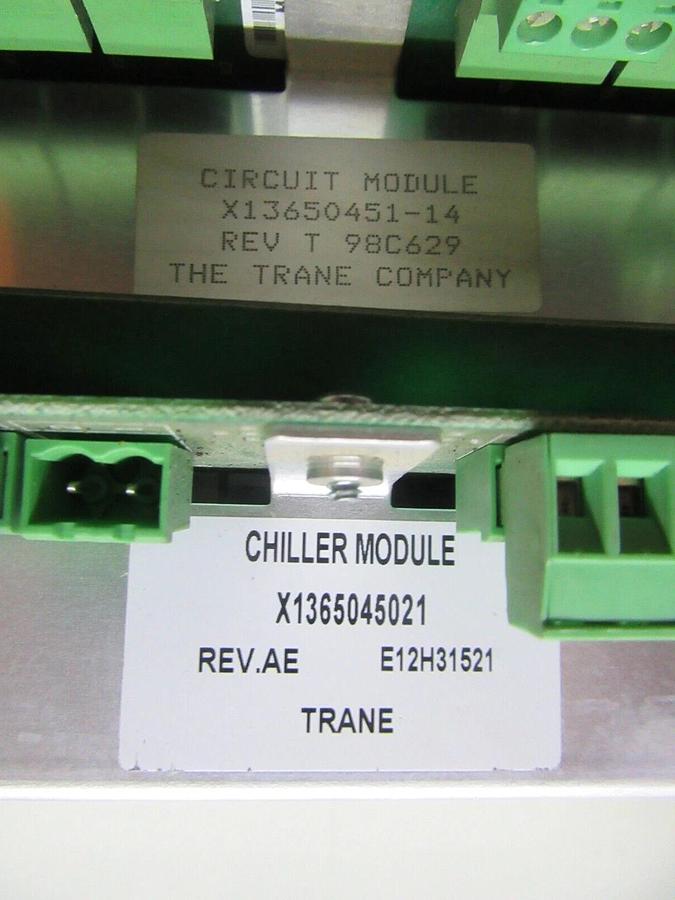 Used TRANE CHILLER CIRCUIT MODULE X13650451-14 REV. T W/ X1365045021 REV. AE