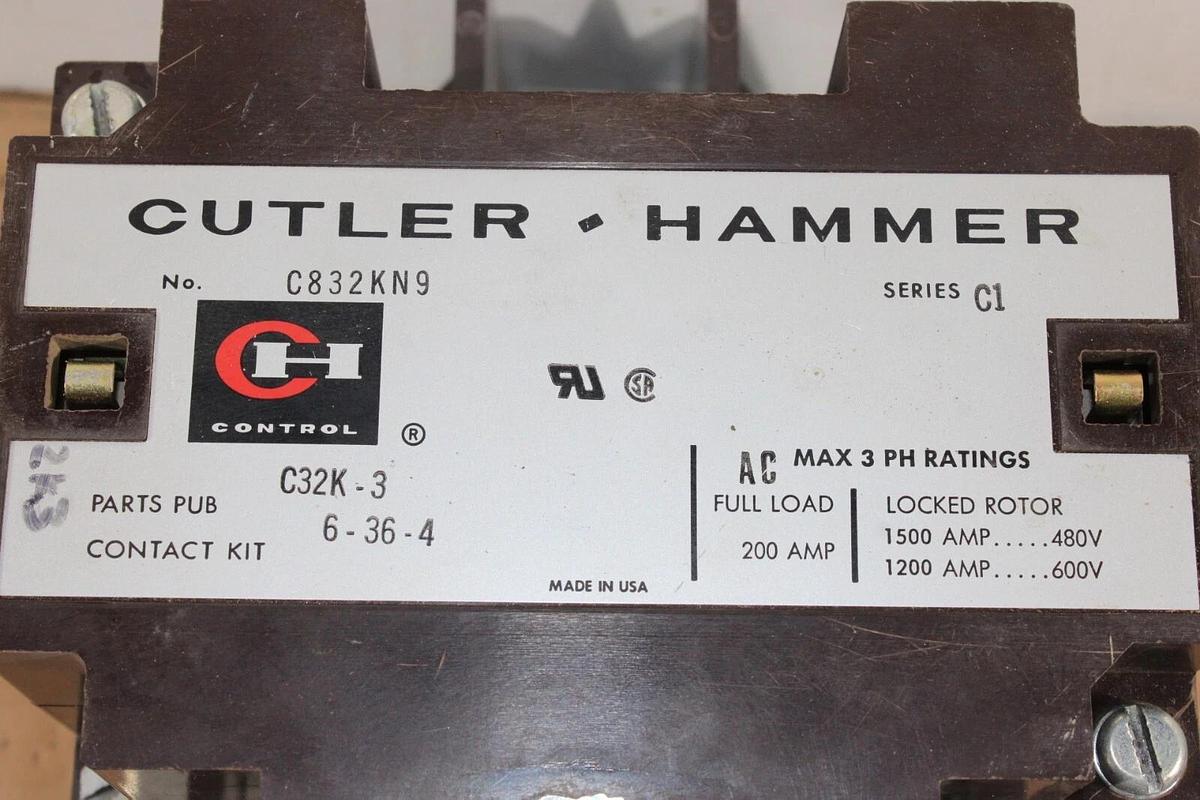 Used CUTLER HAMMER CONTACTOR C832KN9 200 AMP 600 VOLT 3-PHASE COIL: 120V **WARRANTY**