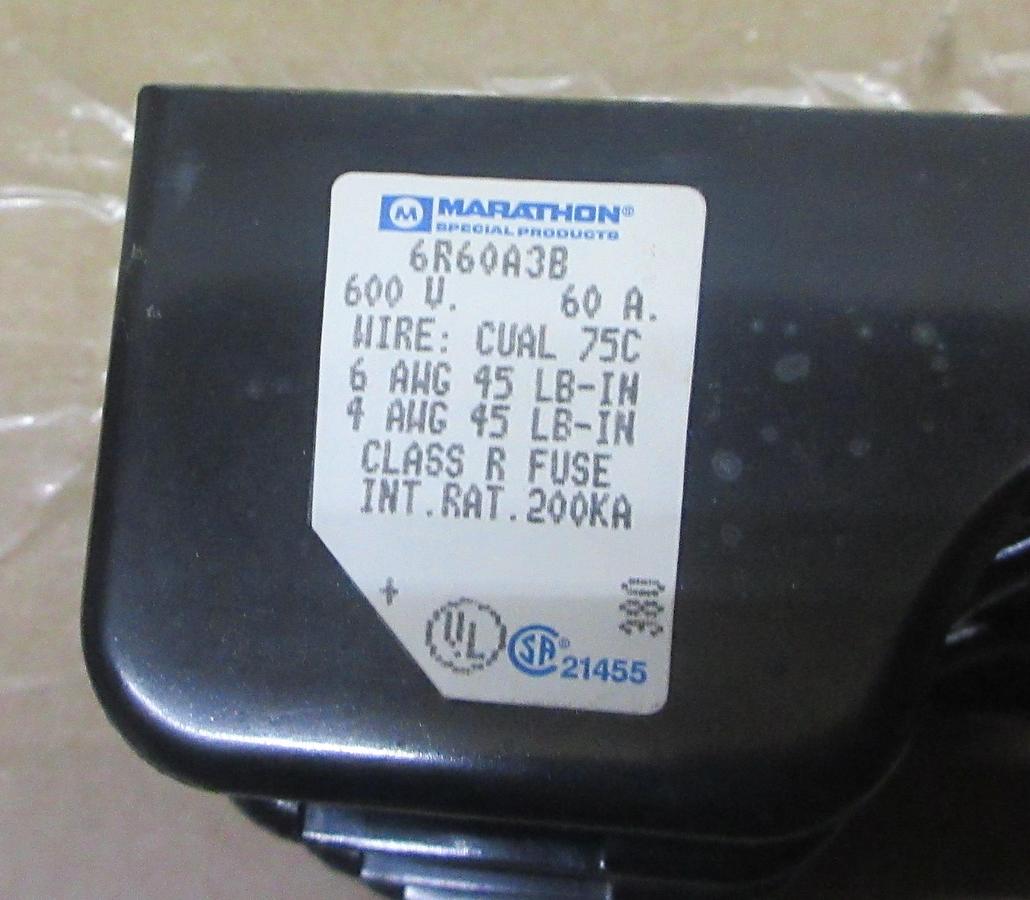 Used MARATHON FUSE HOLDER 6R60A3B 600 VOLT 60 AMP FOR CLASS R FUSES