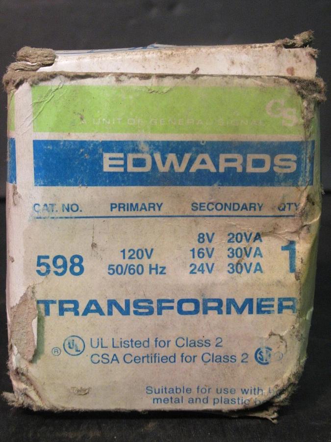 EDWARDS / GENERAL SIGNAL CONTROL TRANSFORMER CAT# 598 120 VAC PRI 8/16/24 VAC