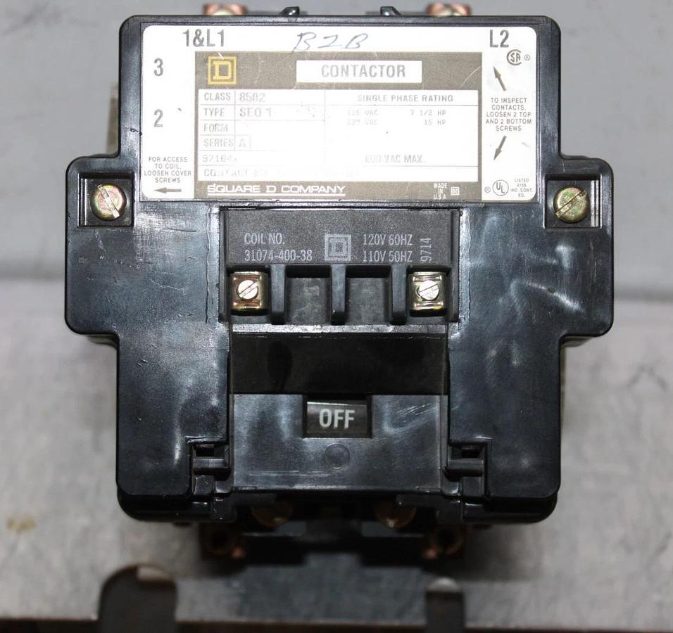 Used SQUARE D CONTACTOR 8502SE01 SINGLE PHASE 240 VAC 15 HP COIL: 110/120V