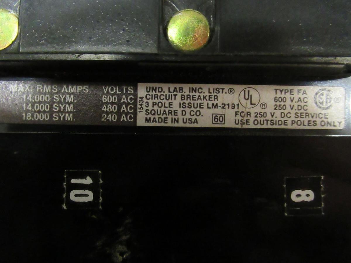 Used SQUARE D I LINE BREAKER FA36020 20A 600VAC 250VDC 3 POLE W/ LUGS **WARRANTY**