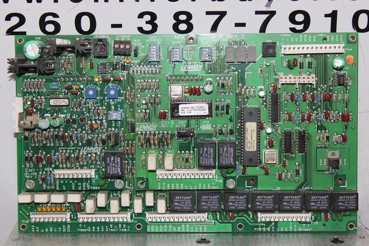 Used LENNOX HVAC CONTROL BOARD 34M52 M1-6 REV. C W/ 91J89 EM-1 REV C ECONOMIZER BOARD