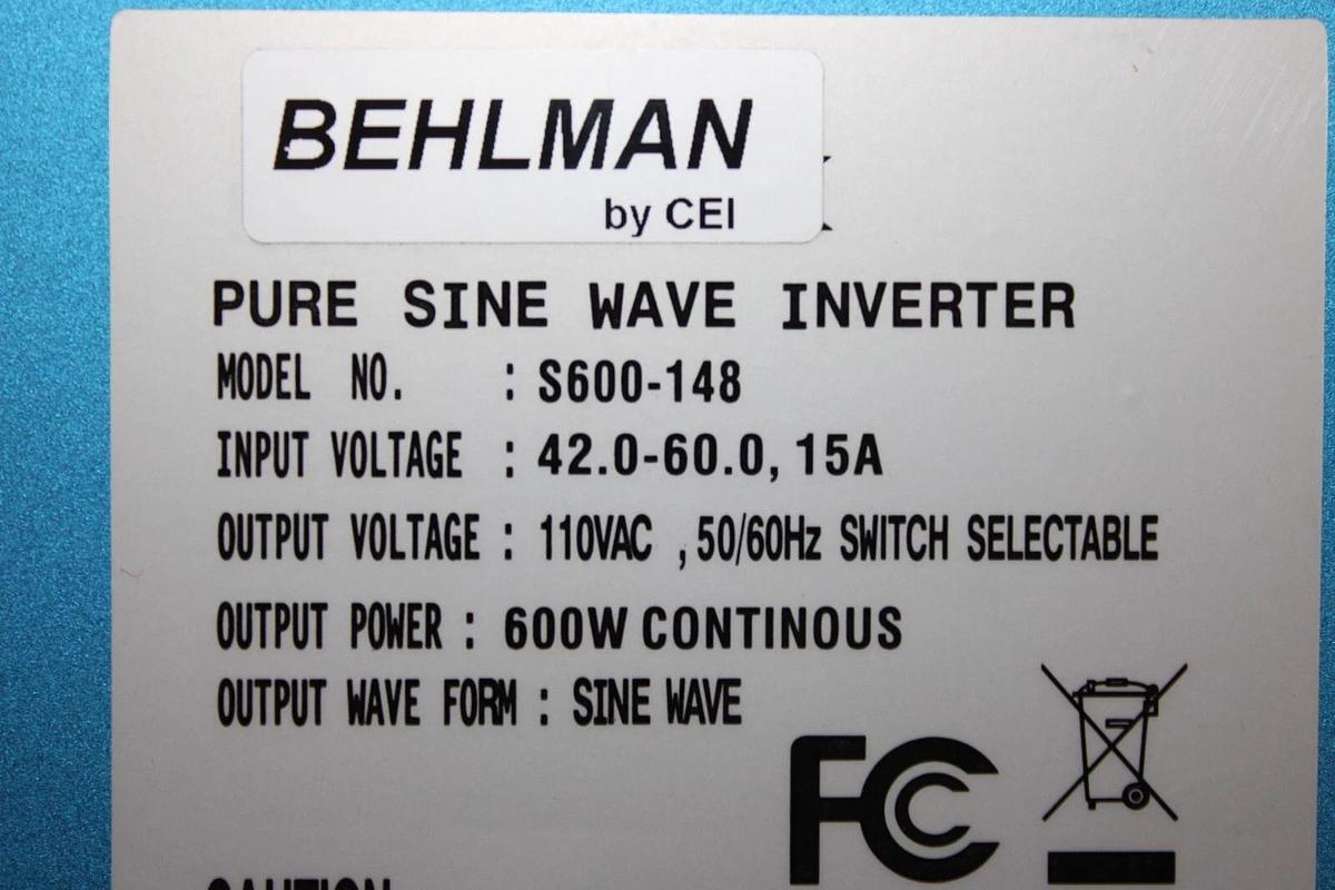 Used BEHLMAN PURE SINE WAVE INVERTER S600-148 INPUT: 60 VOLT 15 AMP OUTPUT: 110 VAC