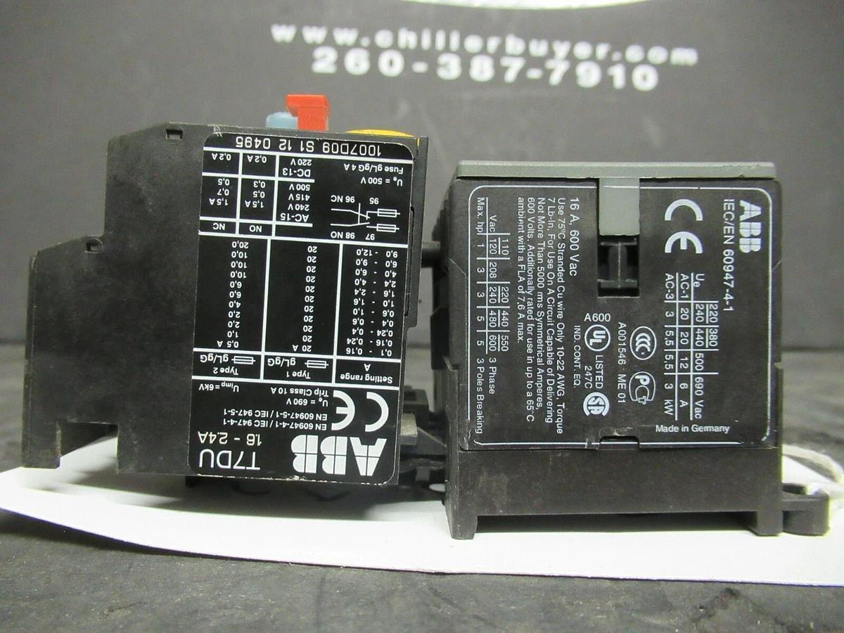 Used 16 AMP ABB STARTER B7-30-10 600 VAC 5 HP COIL: 24 VAC W/ T7DU OVERLOADS 1.6-2.4A
