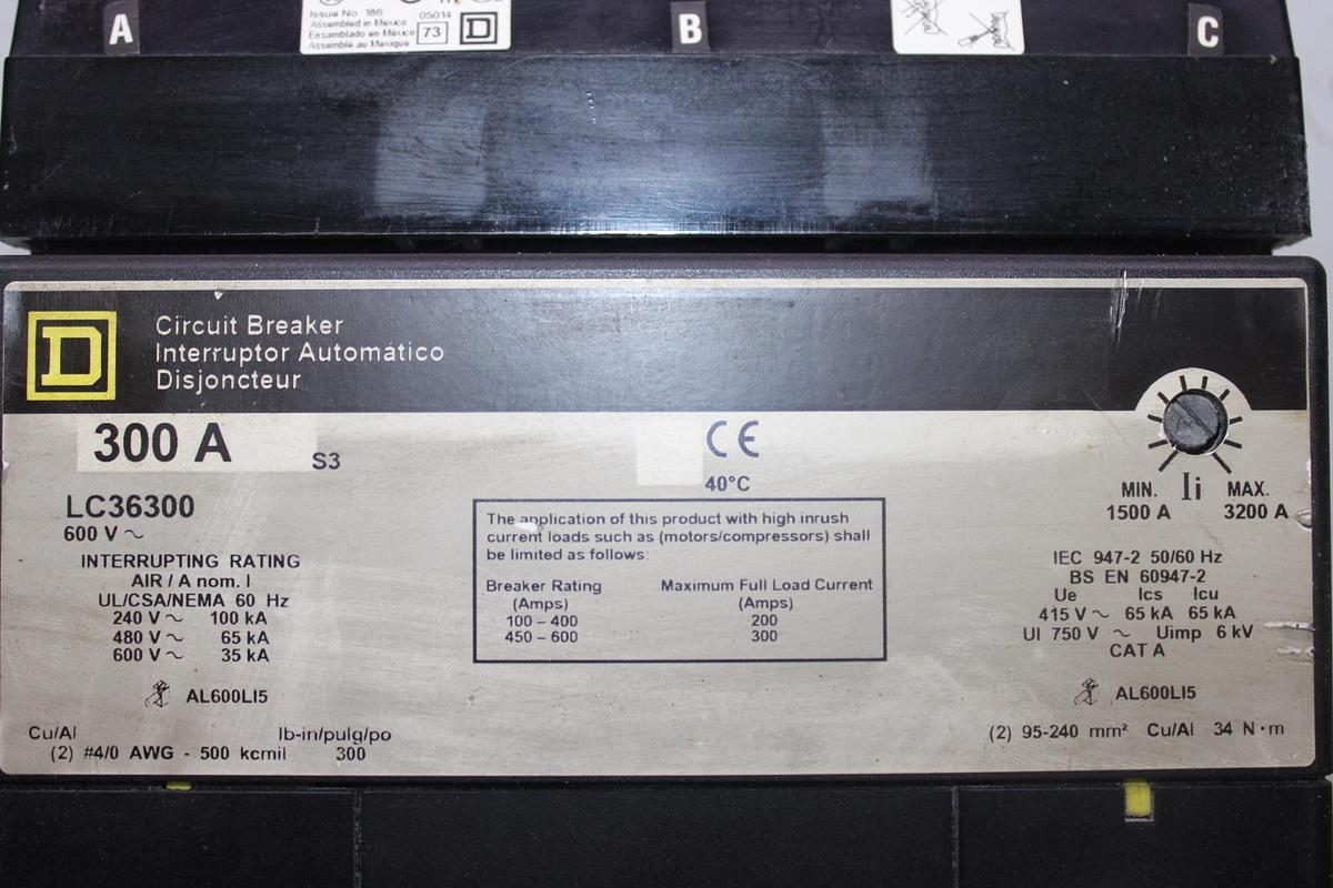 Used SQUARE D POWERPACT I-LINE CIRCUIT BREAKER LJA36400U31X 400 AMP 600 VAC 3-POLE