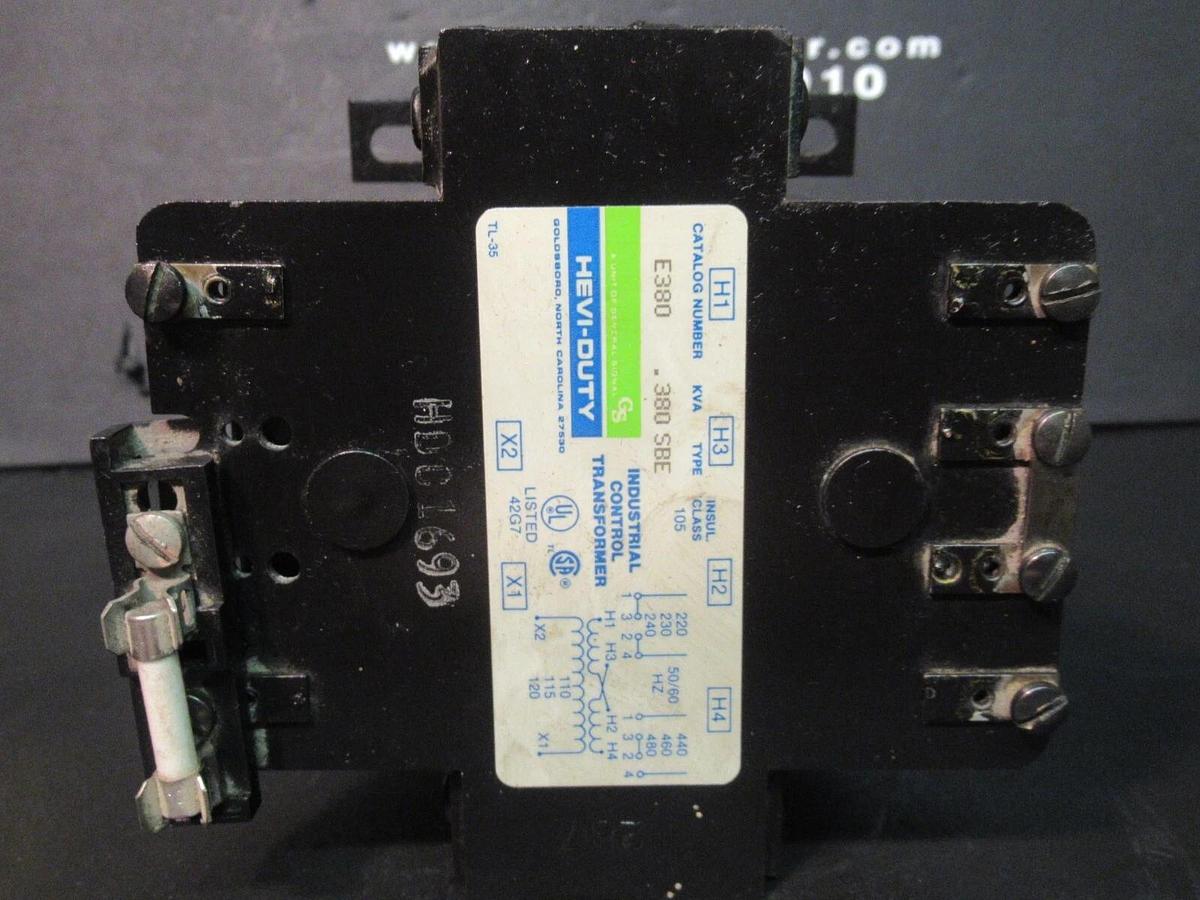 Used GENERAL SIGNAL HEVI-DUTY TRANSFORMER E380 0.38 KVA 240/480 VAC 60 HZ