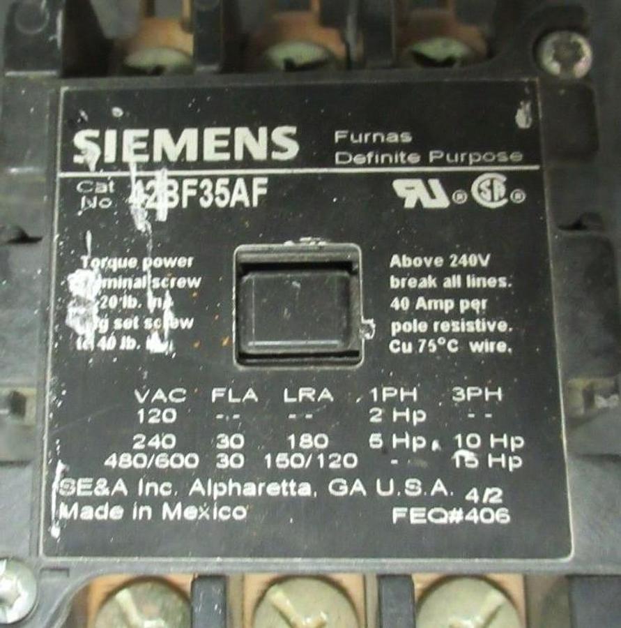 Used (1) SIEMENS CONTACTOR 42BF35AF 600V 30A 40A/RES 15HP COIL: 120V *WARRANTY*