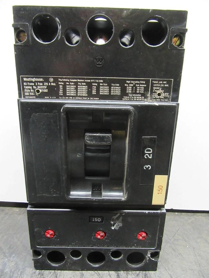 Used WESTINGHOUSE 3-POLE CIRCUIT BREAKER KA3225F 225 AMP FRAME 150 AMP TRIP 600 VAC