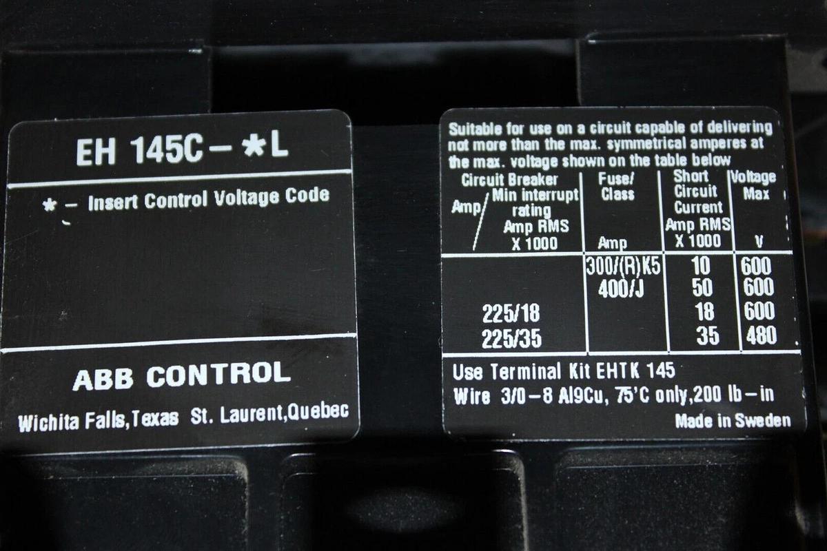 Used ABB CONTACTOR EH-145 600 VAC 3-POLE 200 AMP 125 HP COIL: 24VDC