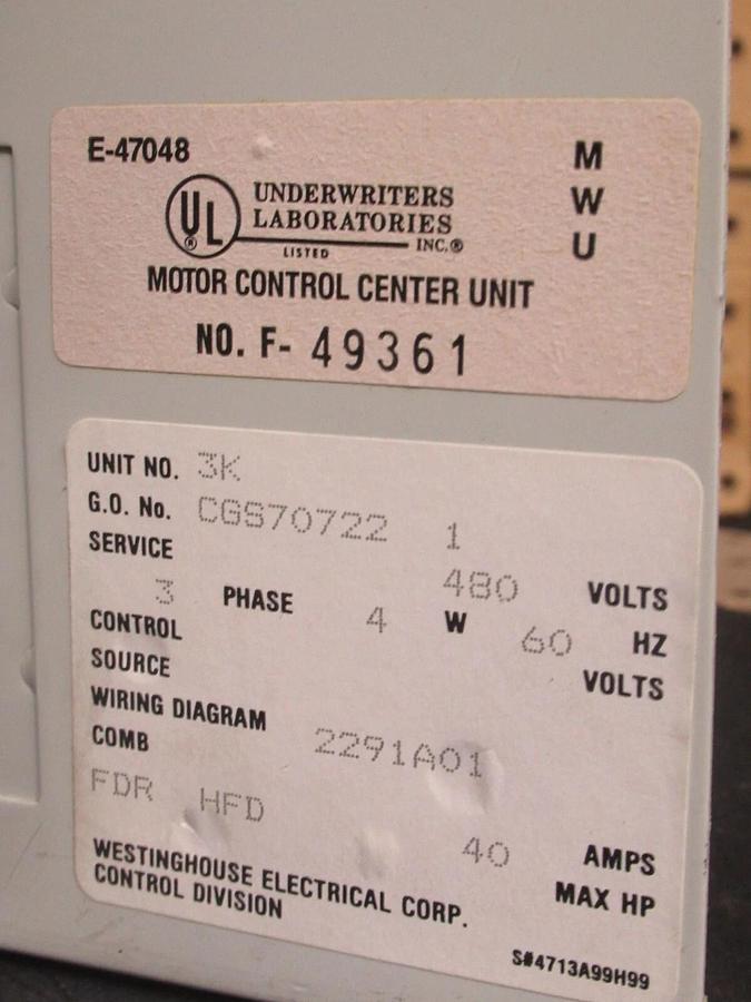 Used CUTLER HAMMER MOTOR CONTROL BUCKET FEEDER MODEL: 2100 12" W/ HFD3040L BREAKER