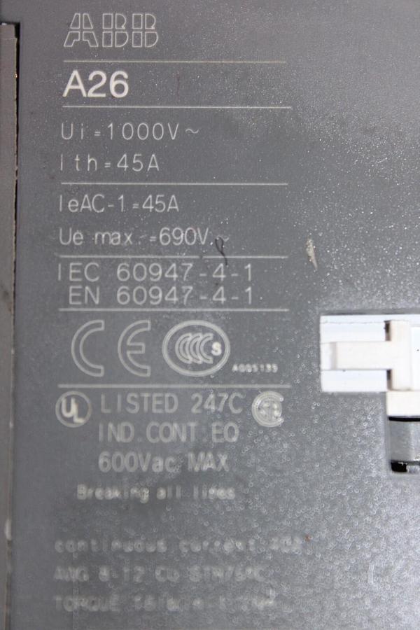 Used ABB CONTACTOR A26-22-00 45 AMP 600 VAC 3-POLE 3-PHASE COIL: 24V *WARRANTY*