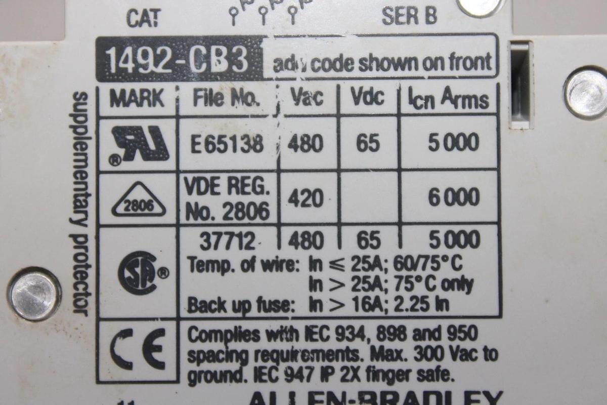 Used ALLEN BRADLEY CIRCUIT BREAKER 1492-ACB 1492-CB3 277 VAC 10 AMP 4-POLE